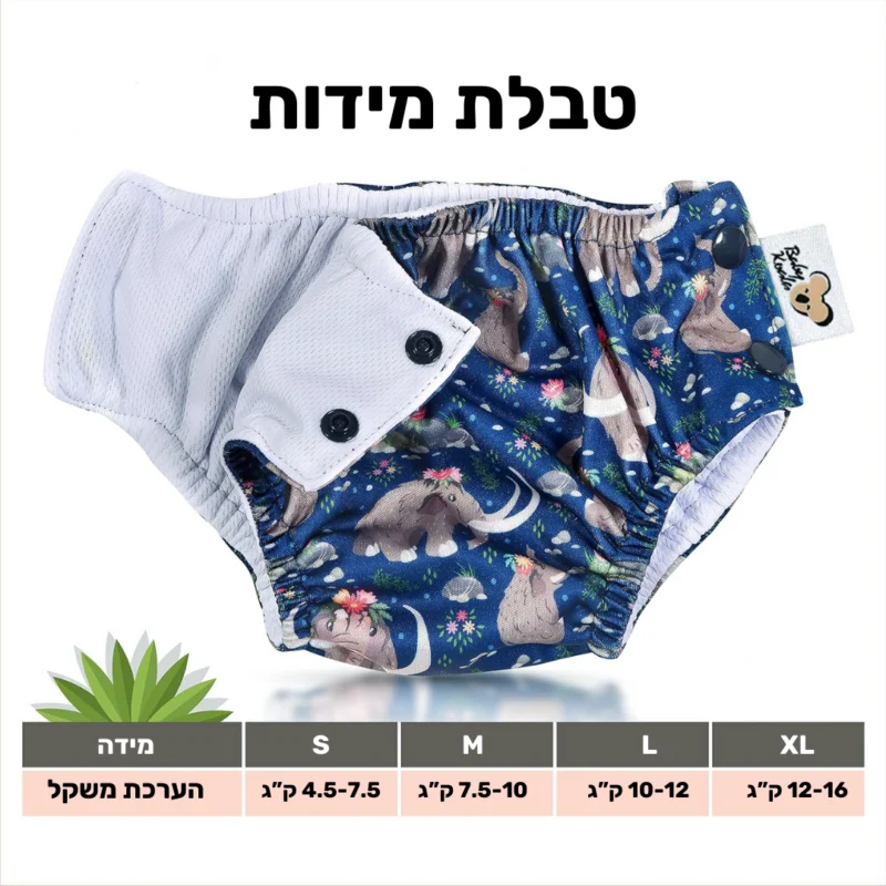 חיתול שחייה ממותות טבלת מידות